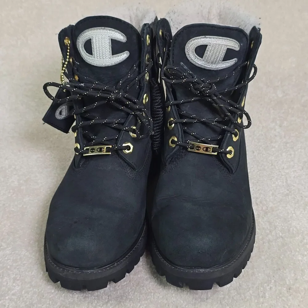 Timberland xChampion Collab Boots Black Gold 6” Shearling Streetwear 8M